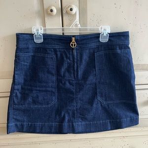 TORY BURCH Elise Chambray Denim Mini Skirt Sz 10 Blue Gold Zipper A-Line